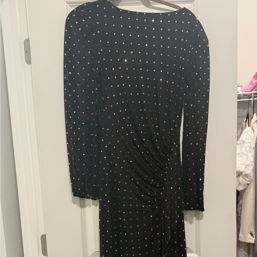 Alex Marie Black Long-Sleeve Ruched Dress with Gold Dot Print